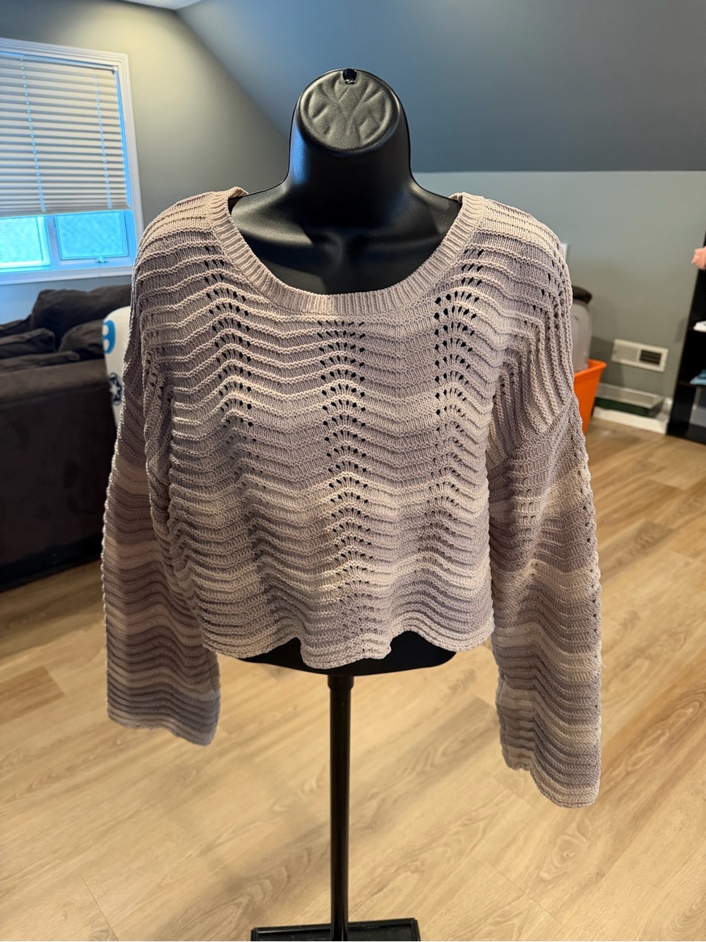Altar'd State Open-Knit Scoop Neck Sweater in Tan